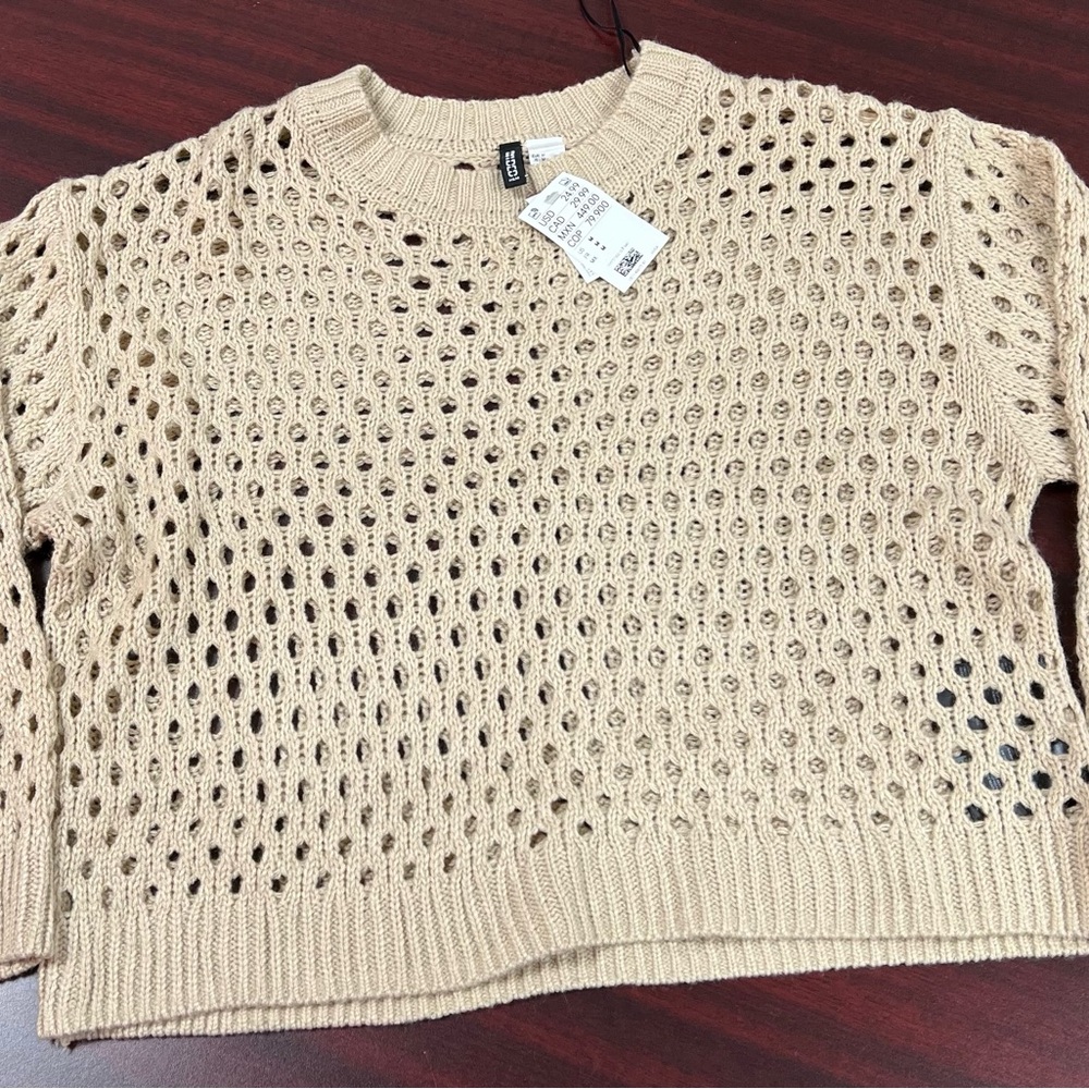 H&M Cream Crew Neck Sweater with Open-Knit Design